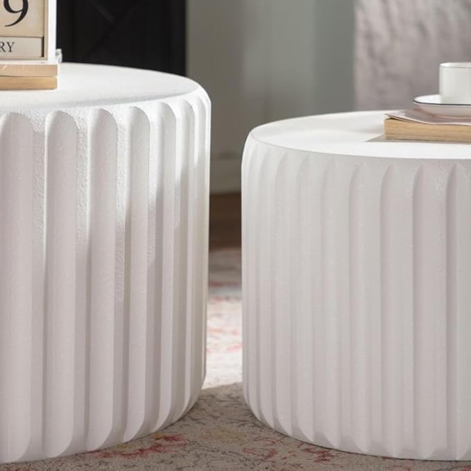 46.46'' White Round Coffee Table Set of 2, Modern Circle Fluted Drum Nesting - Image 5