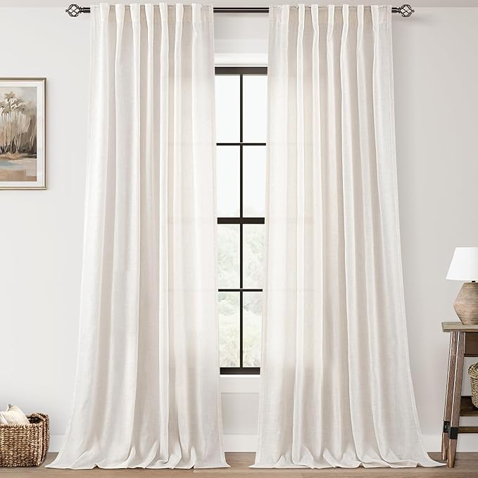 Natural Linen Curtain 92 inch Length 2 Panels Set Back Tab Light Filtering by Jolilight