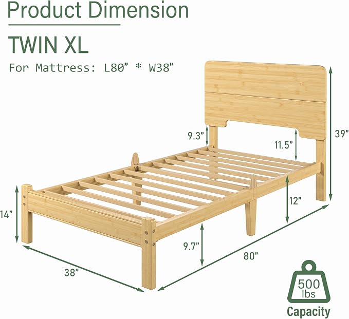 BOSRII 12in High Solid Bamboo Wood Platform Twin XL Bed Frame - Image 2