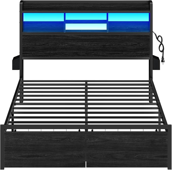 Furnulem Queen Bed Frame with Wood Headboard and Storage Shelf, Metal Platform - Image 9