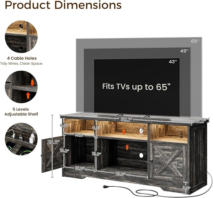 Casaottima TV Stand for 65 Inch TV, Farmhouse Entertainment Center - Image 3