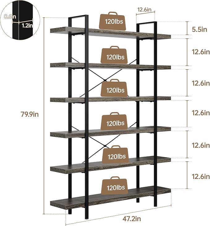 OtterOasis Bookshelf Set, Heavy Duty 6-Tier Industrial Bookcase, 120lbs Shelf - Image 2