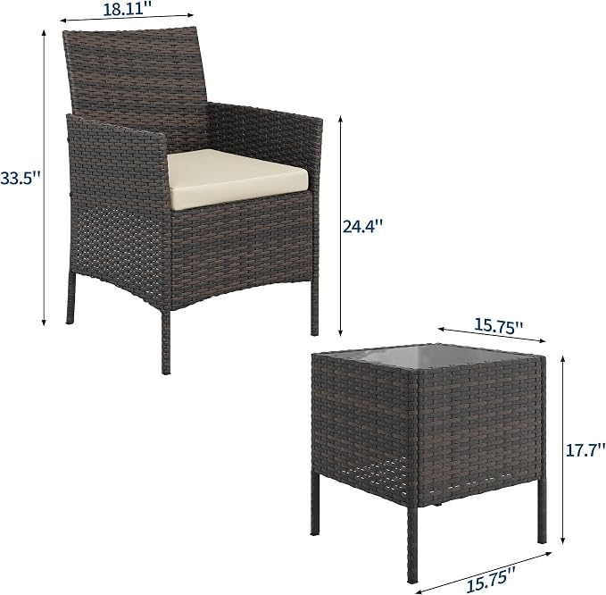 3-Piece Outdoor Furniture Set, PE Rattan Wicker Chairs - Image 2
