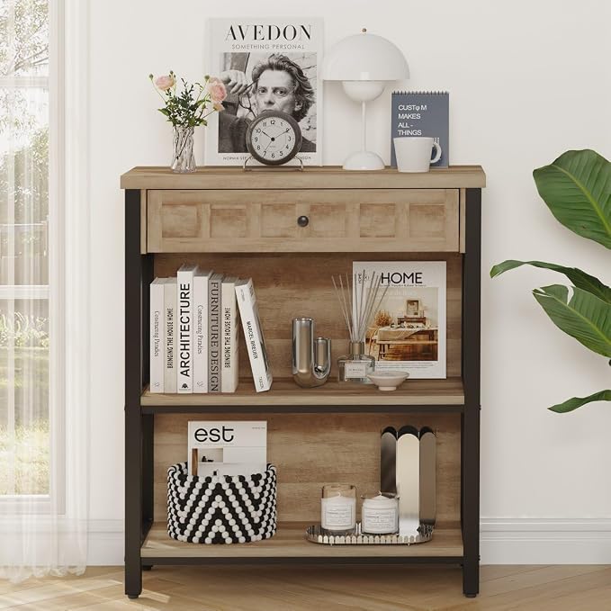 FATORRI Rustic Bookshelf with Drawer, Industrial Wood and Metal Bookcase - Image 7