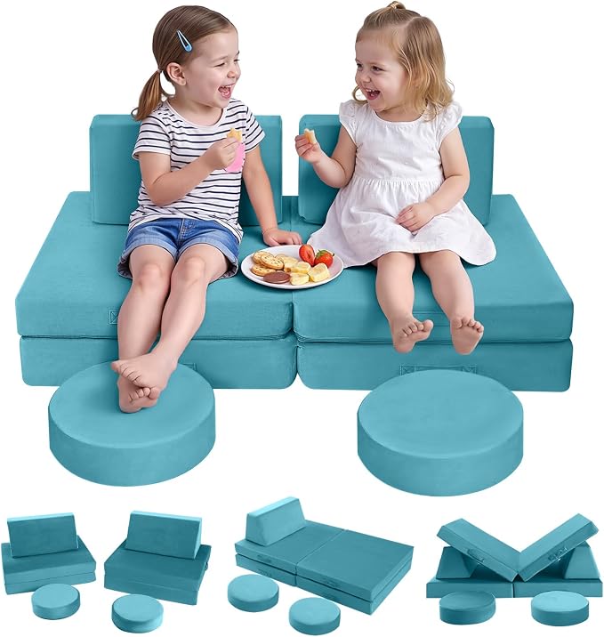 MeMoreCool Kids Play Couch, 8-Piece Modular Toddler Couch Set in Teal Blue by MeMoreCool