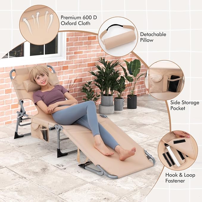Goplus Tanning Chair, Folding Adjustable Patio Lounge Chair - Image 8