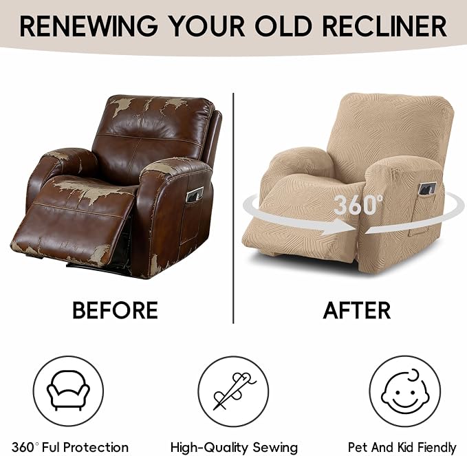 Oversized Recliner Chair Covers, 4-Piece Stretch Geometric Strokes Jacquard - Image 6