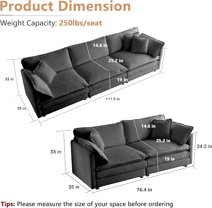 mikibama Luxury Oversized 3 Piece Sofa Set, 2 Pieces of 2 Seater and 1 Piece of - Image 2
