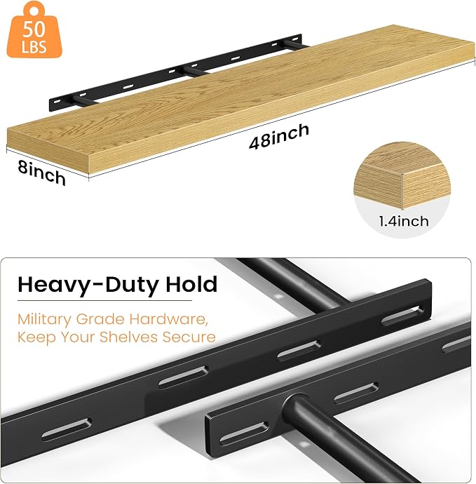 Fun Memories Floating Shelves for Wall, 48 Inch Long Set of 2 Rustic Wood Wall - Image 3