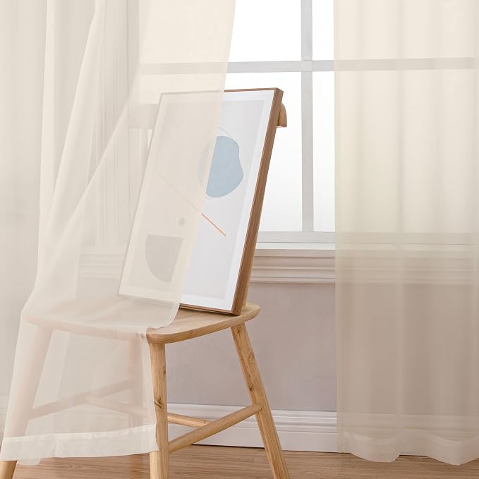 OWENIE Cream Sheer Curtain 96 Inch Long 2 Panels Set, Light Filtering Clear Rod - Image 6