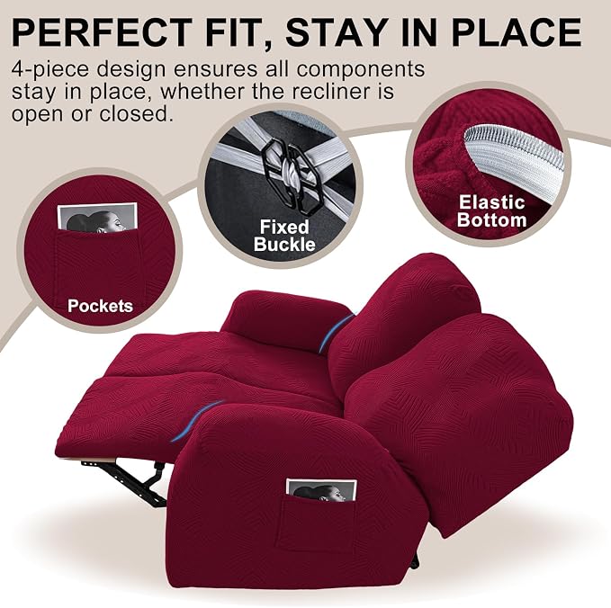Recliner Loveseat Covers, 4-Piece Stretch Geometric Strokes Jacquard Reclining - Image 4