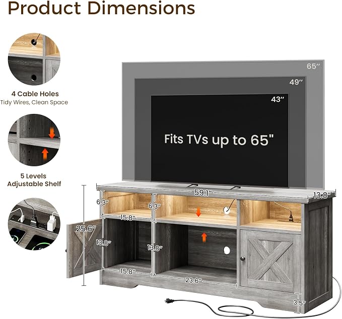 Casaottima TV Stand for 65 Inch TV, Farmhouse Entertainment Center - Image 3