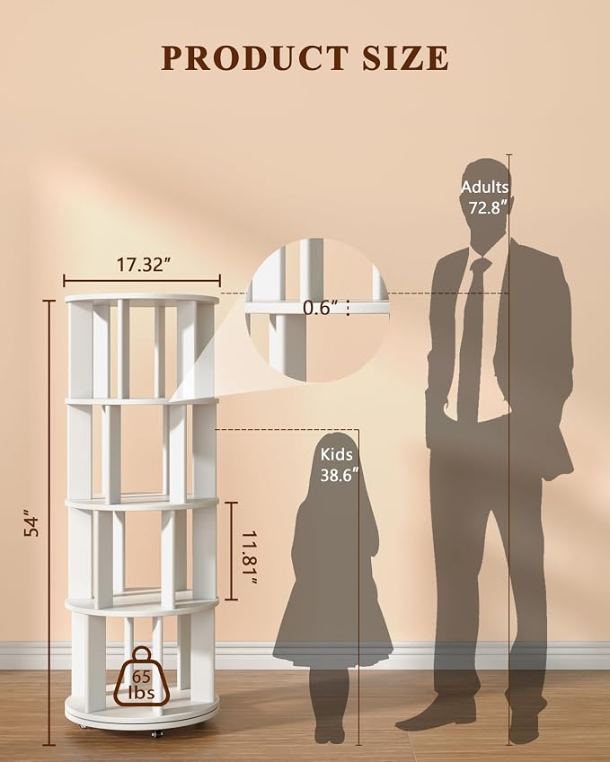 4-Tier Solid Wood Rotating Bookshelf on Wheels, 360° Spinning Book Shelf Tower - Image 2