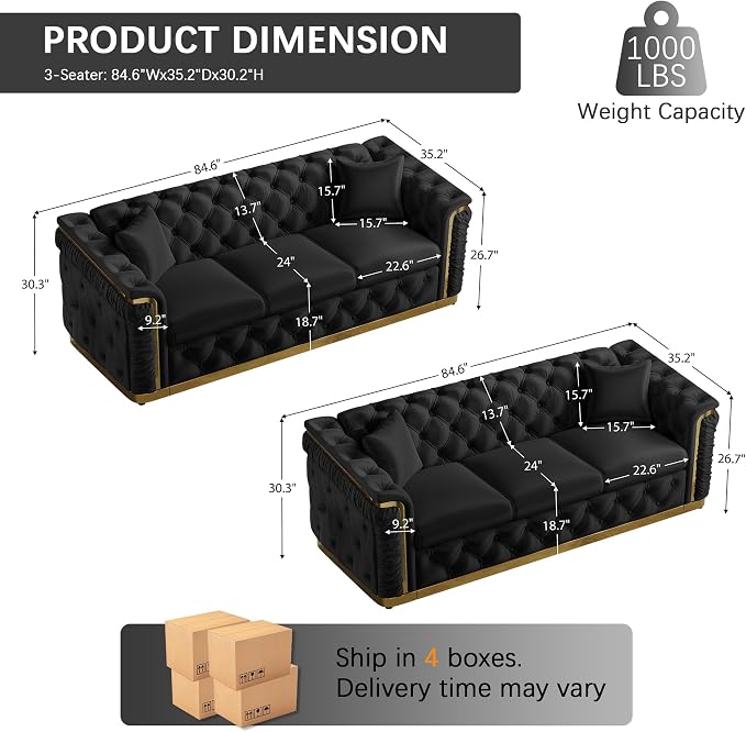 Luxury Chesterfield Sofa Set of 2, Velvet Tufted Couch Victorian Black and Gold - Image 2