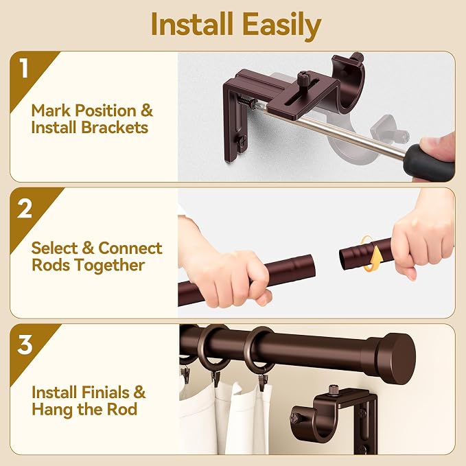 YaFex Curtain Rods 2 Pack 32-84 Inch, Heavy Duty 1 Inch Curtain Rod, Bronze - Image 8