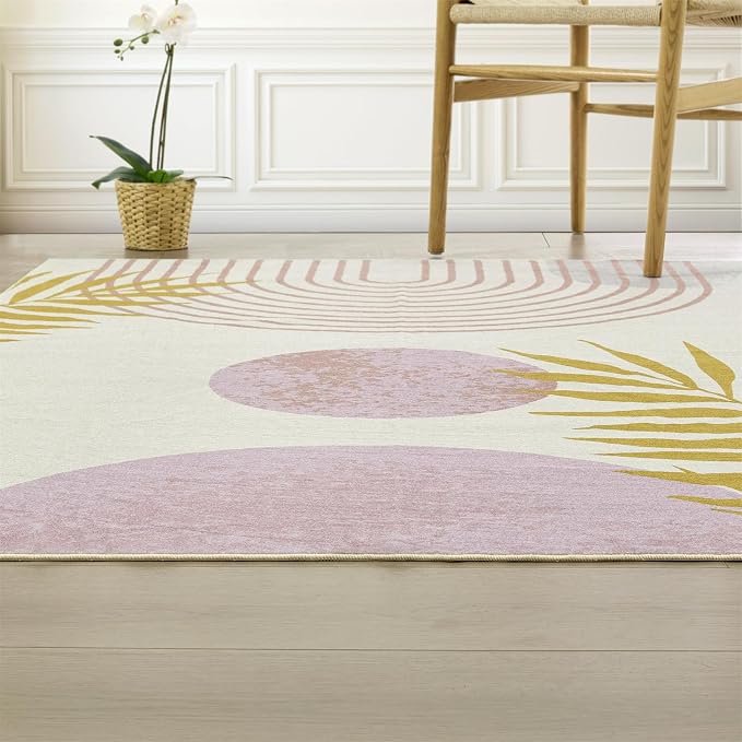 RoomTalks Cute Pink Nuresry Rug Washable, Boho Modern Contemporary Aesthetic - Image 2