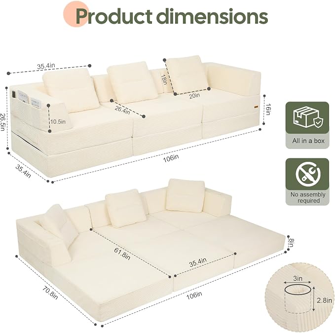 COMAX Futon Sofa Bed 3 Seater, 4 in 1 Folding Boneless Sleeper Corduroy Couch - Image 3