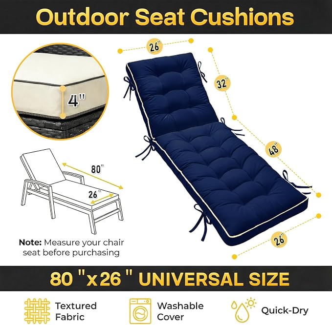 2 Pack 80x26 Inch Folding Chaise Lounge Cushion Quick Dry - Image 7