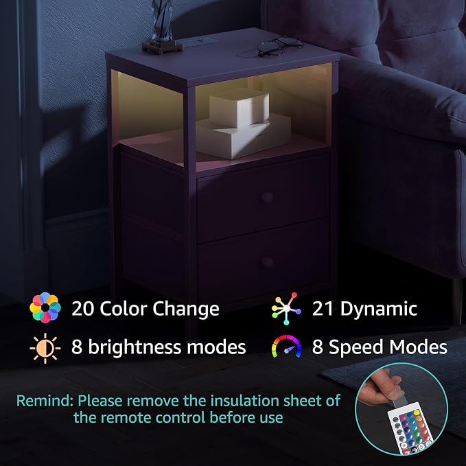 BOLUO Pink Nightstand with Charging Station, LED Night Stand with 2 Fabric - Image 6