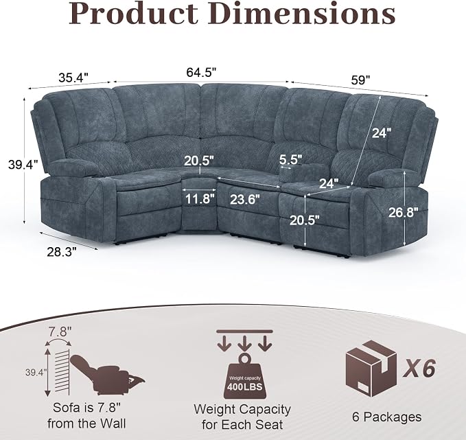 Yolsali Manual Reclining Sectional Sofa Set, 4 Seats Soft Fabric Recliner - Image 2