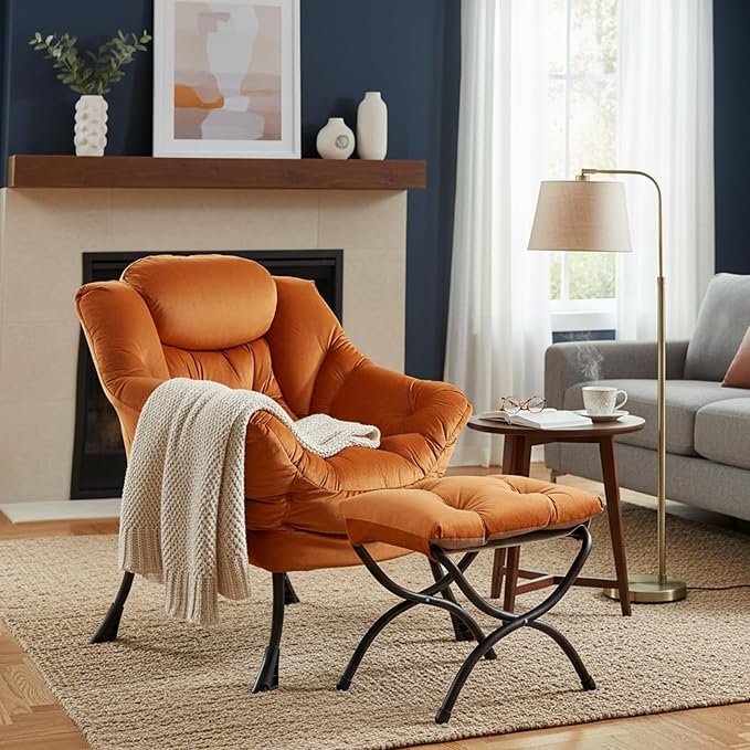 Welnow Orange Lazy Chair with Ottoman, Modern Accent Chair with Armrests and a - Image 9