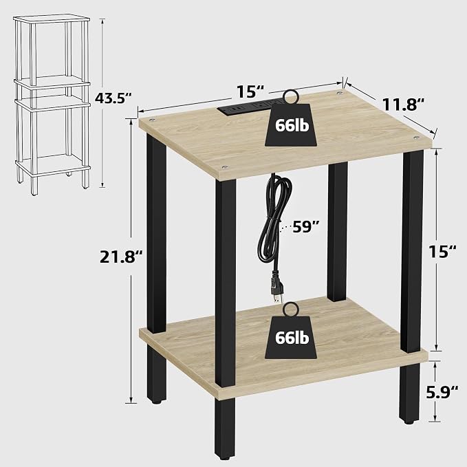 TUTOTAK End Table with Charging Station, Small Side Table with Outlets - Image 3