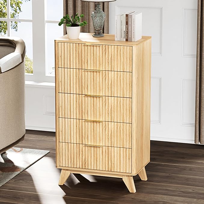 VINGLI Fluted Tall Dresser 5 Drawer, 23.66" W Chest of Drawers, Oak Wood Dresser - Image 7