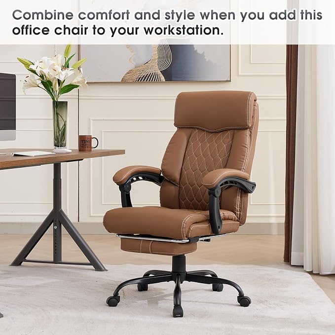 High Back Office Chair with Footrest, 155° Reclining Leather Comfy Desk Chair - Image 3
