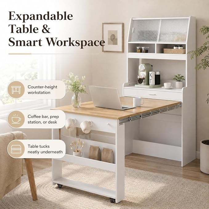 Kitchen Storage Cabinet with Hutch and Extendable Dining Table, 33.5" - Image 6