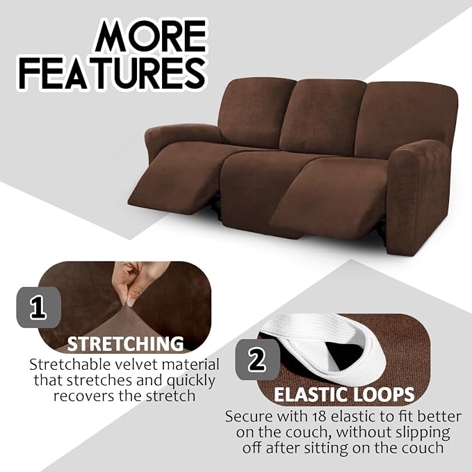 ULTICOR Velvet 8-Pieces Recliner Sofa Covers Stretch Reclining Couch Covers - Image 4