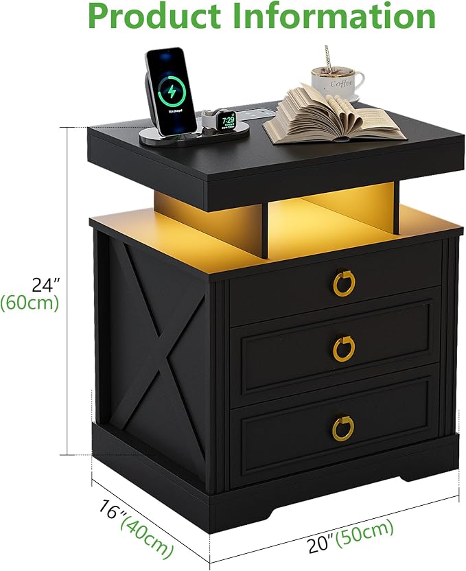 HNEBC Nightstand with Gun Drawers, LED Farmhouse Night Stand with Charging - Image 2
