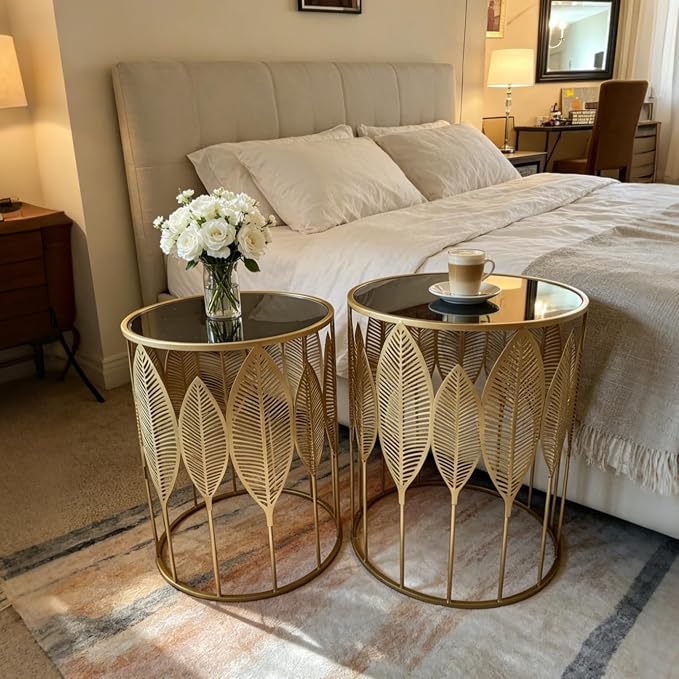 Homebeez Gold Nesting Tables Set of 2, Glam Leaf Design Round End Table - Image 5