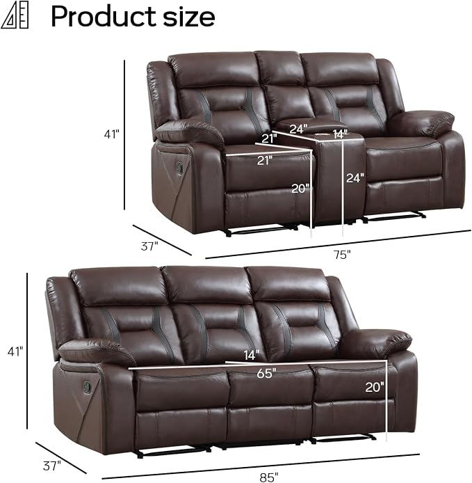 EBELLO Manual Recliner Sofa Set, Faux Leather Reclining Living Room Furniture - Image 2
