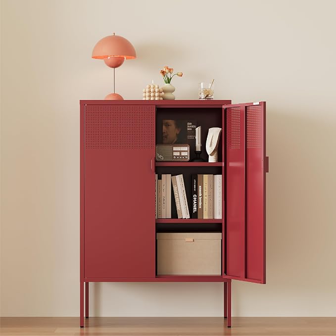 Metal Storage Cabinet, 2 Door TV Stand, Metal Mesh Accent Cabinet, Magnetic - Image 6