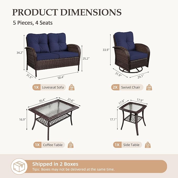 UPHA 5 Pieces Patio Furniture Sets, Wicker Outdoor Loveseat Sofa Set - Image 2