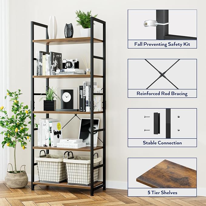 NUMENN 5 Tier Bookshelf, Tall Bookcase Shelf Storage Organizer, Modern Book - Image 5