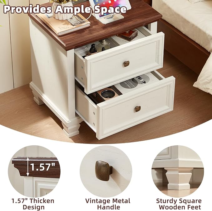 SAVOR LIFE Farmhouse Nightstand Set of 2, Rustic Low Nightstands - Image 5