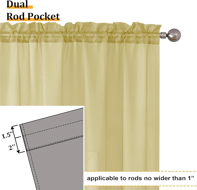 Aiyufeng Yellow Sheer Curtains 45 Inch Length 2 Panels Set, Light Filtering - Image 2