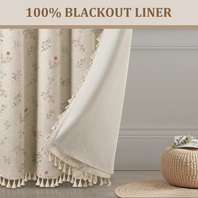 Boho Floral 100% Blackout Curtains 72 Inch Length 2 Panels Set, Linen Texture - Image 6