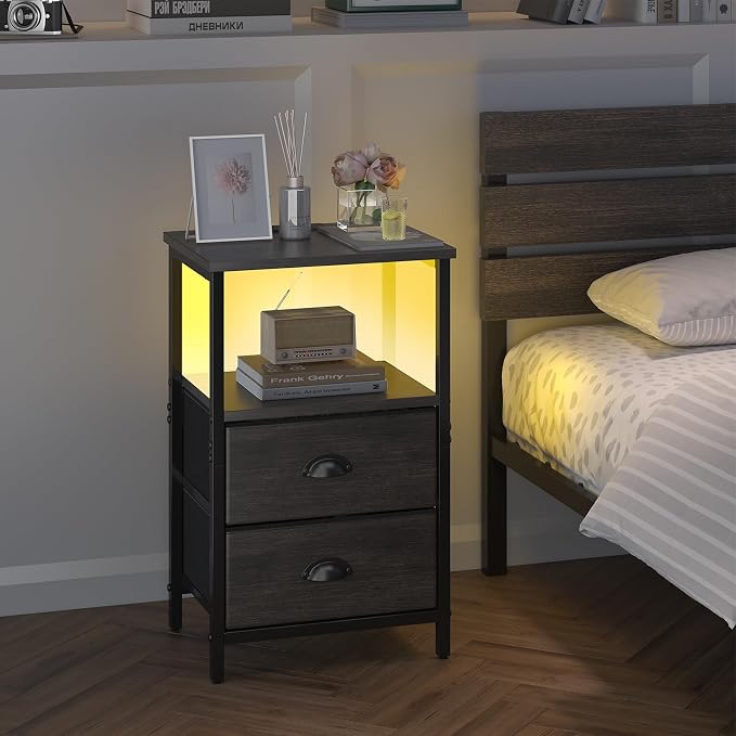 sthmec Nightstand with Charging Station, LED Night Stand with 2 Fabric Drawers - Image 5