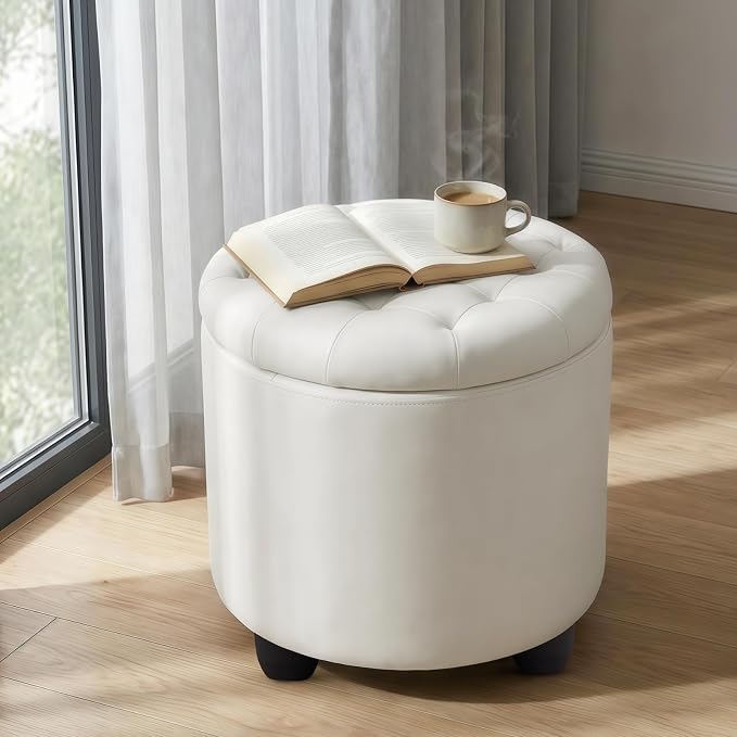 Furniliving Upholstered Button Tufted Round Ottoman, PU Storage Ottoman Round - Image 8