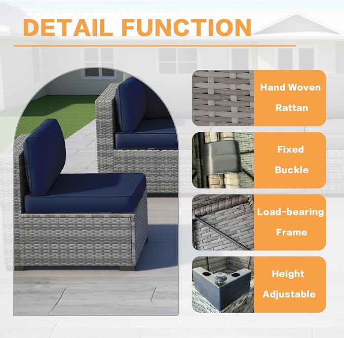 MOCHITO 7 Pieces Outdoor Patio Furniture Sets, All-Weather Sectional Sofa Grey - Image 7