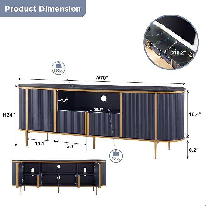 OKD 70" Fluted TV Stand with Storage, Faux Marble Top Entertainment Center - Image 6