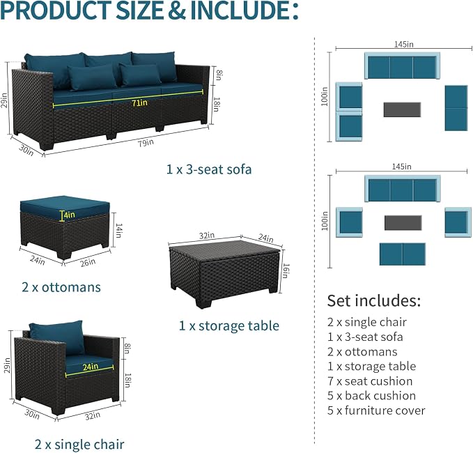 Rattaner Patio Furniture Set 6 Pieces Couch Outdoor Chairs Coffee Table Peacock - Image 4