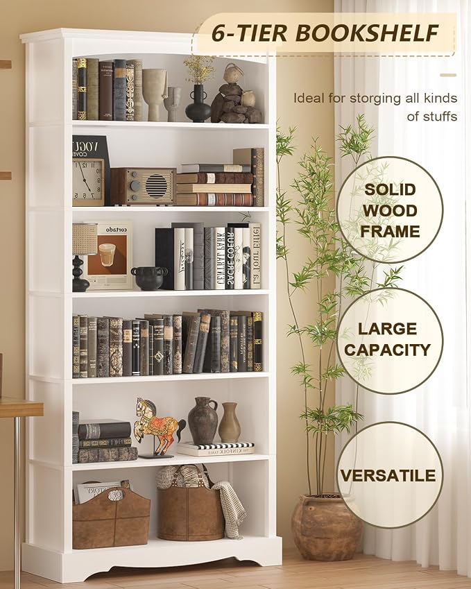 TVU 6-Tier Wooden Bookshelf, 76 Inch Tall Bookshelf - Image 5