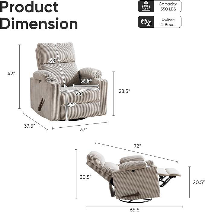 Swivel Rocker Recliner with Adjustable Armrests, Rocking Nursery Chair with - Image 2