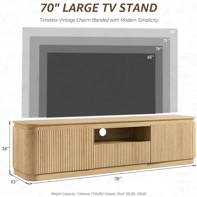 70" Fluted TV Stand for TVs Up to 80", Mid Century Modern Entertainment Center - Image 2