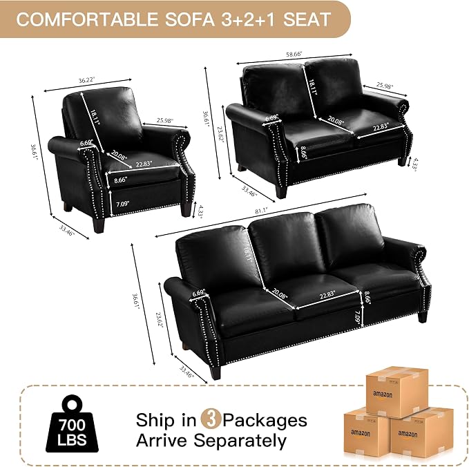 LEVNARY Compact PU Leather Sofa Set 3 Piece, Small Space Couch Set - Image 2