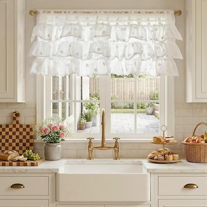 jinchan Ruffled Kitchen Valance Pom-Pom Voile Valance Curtains Sheer Shabby - Image 2