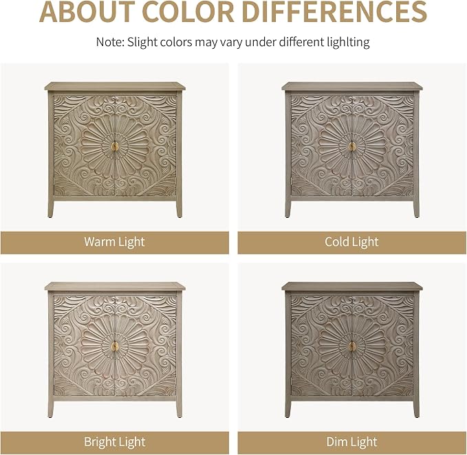 Carved Buffet Cabinet with Floral Pattern & Gold Handle, 31.5" W Distressed - Image 7